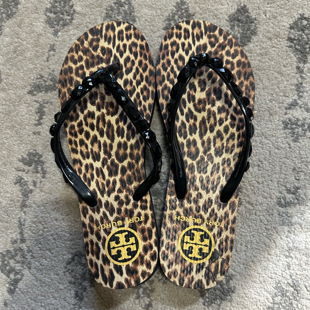 Tory Burch Leopard Bejeweled Flip-flops Size 8